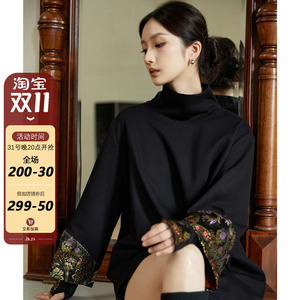 JKJS新中式国风无帽卫衣女黑色刺绣假两件上衣2023款高级感超好看