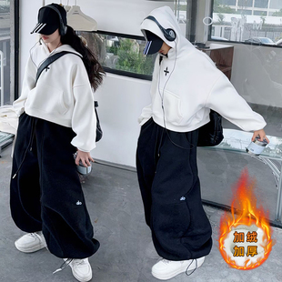 女童短款卫衣连帽爵士舞冬装加绒时尚嘻哈外套黑色裤街拍走秀服