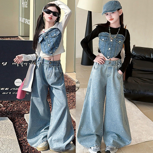 设计款牛仔拼接爱心上衣女童爵士服镶钻牛仔裤儿童走秀舞蹈演出服