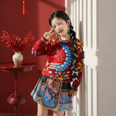 红色毛衣女童马年本命年衣服冬装