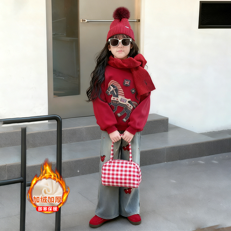 儿童红毛衣圣诞节演出服冬加绒