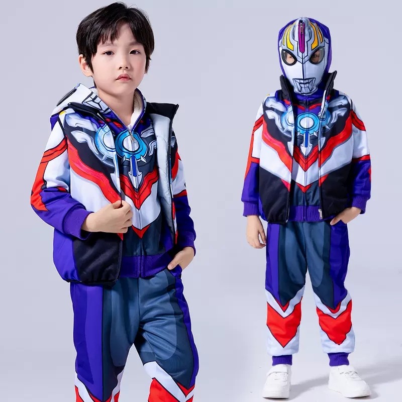 欧布奥特曼衣服冬装男童棉服套装加绒加厚蜘蛛侠冬季三件套儿童装