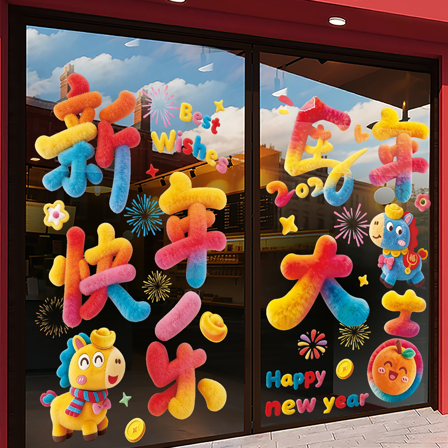 新年喜庆彩色毛绒卡通玻璃门贴