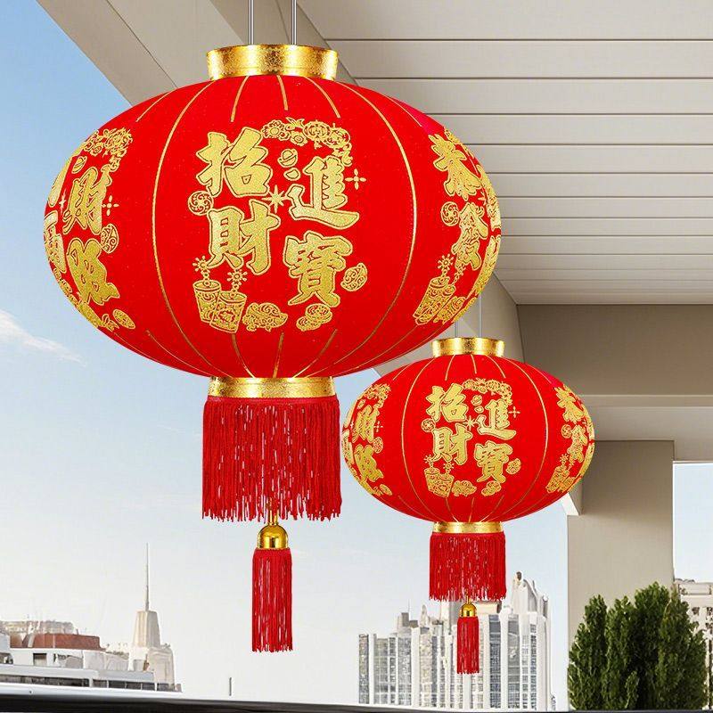 植绒灯笼一对大门口红灯笼批发高档新款户外高端发光高杆挂饰阳台