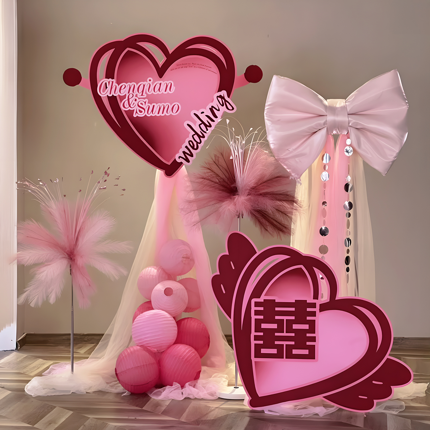 婚房布置套装粉色纱幔蝴蝶结装饰