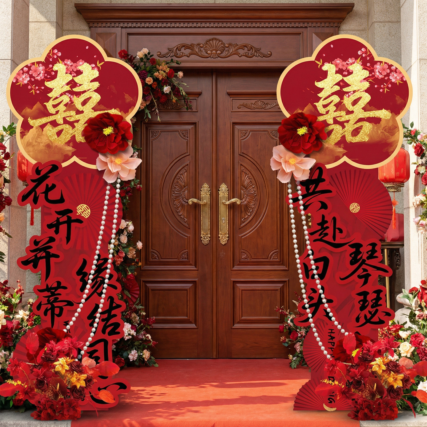 结婚庭院布置拱门结婚专用花立柱红地毯两边迎宾气球路引婚礼道具