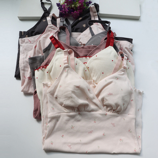 外贸日单女吊带纯棉印花无钢圈打底内衣插片式 文胸背心居家睡眠