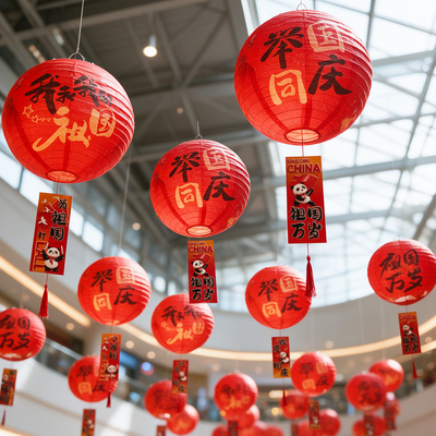 国庆节纸灯笼装饰挂饰商超店铺门头吊卡挂件节日主题氛围布置用品