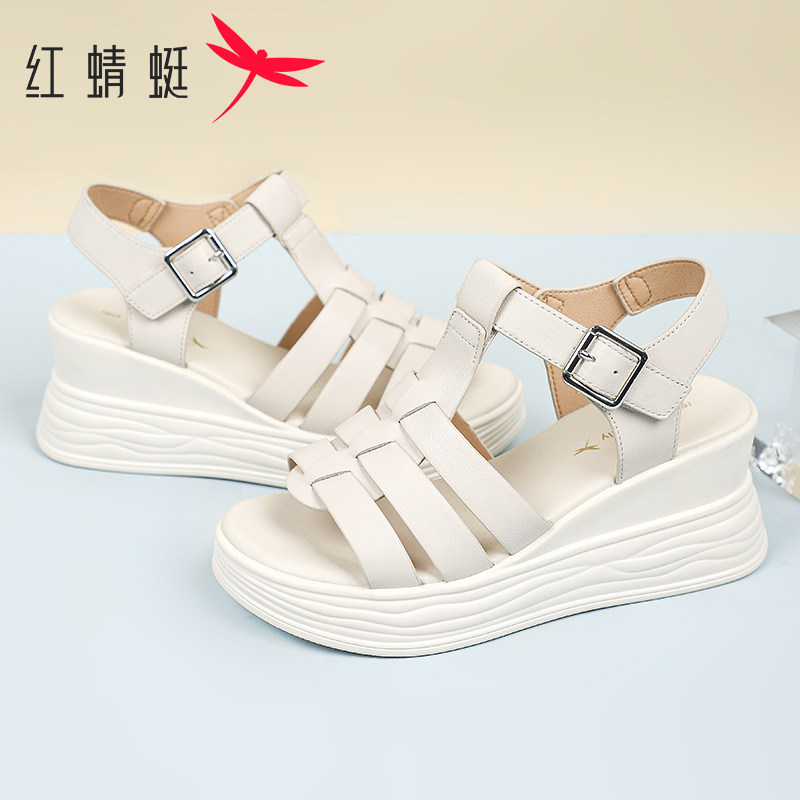 红蜻蜓女鞋夏季新款厚底罗马凉鞋女牛皮坡跟防水台高跟妈妈凉鞋子
