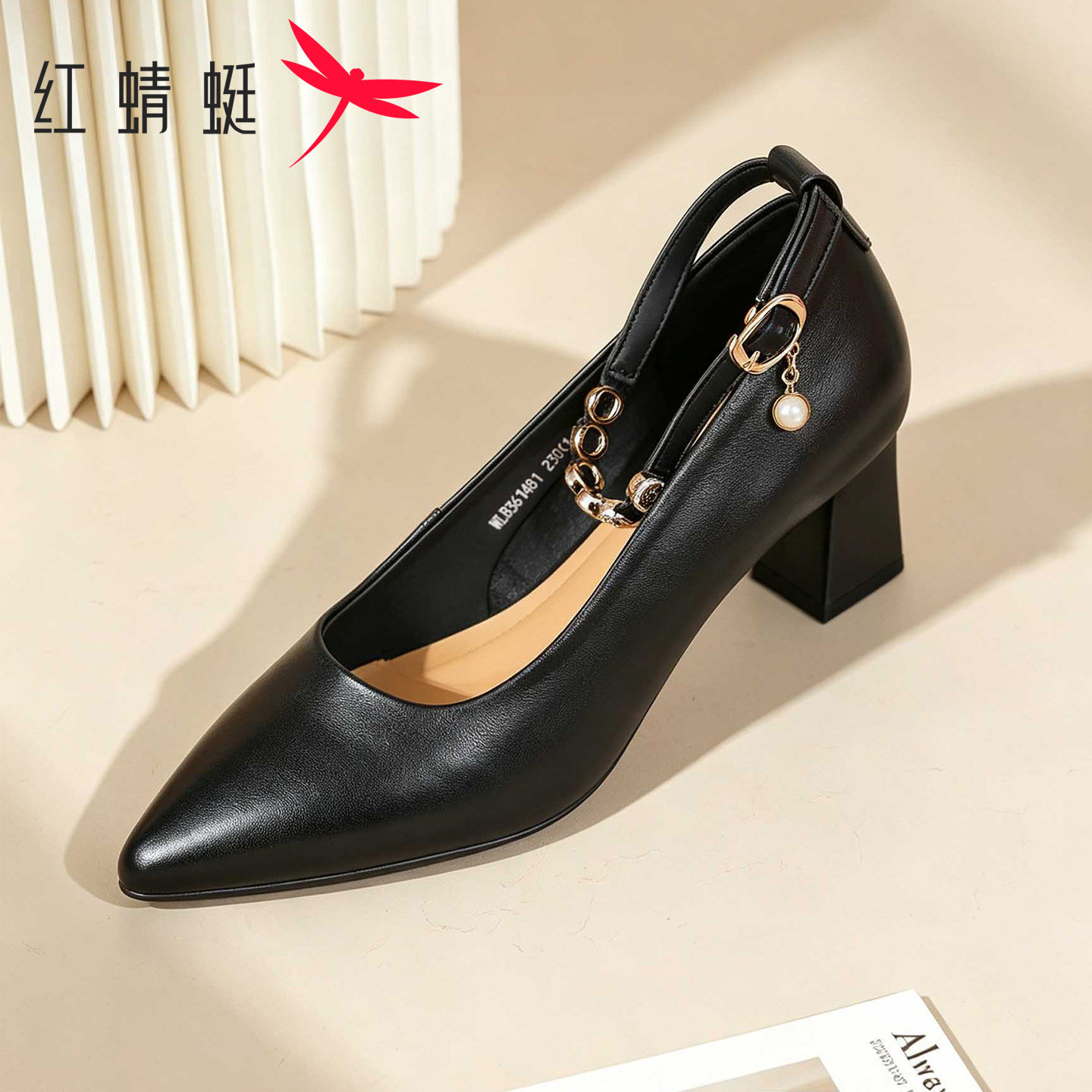 红蜻蜓秋季新款浅口粗跟高跟鞋