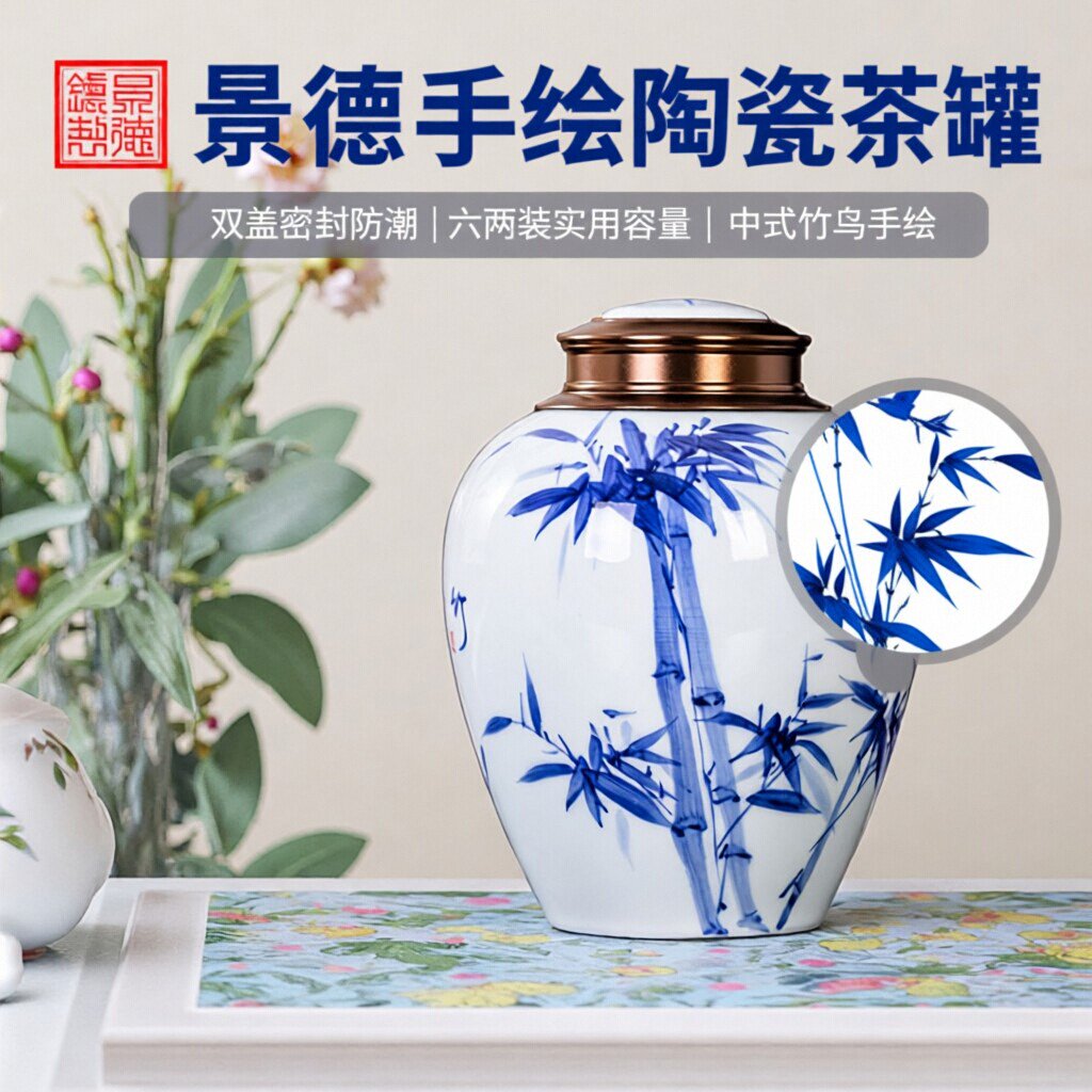 茶叶罐陶瓷密封罐茶罐存储罐家用半斤装手绘景德镇陶瓷茶叶罐子