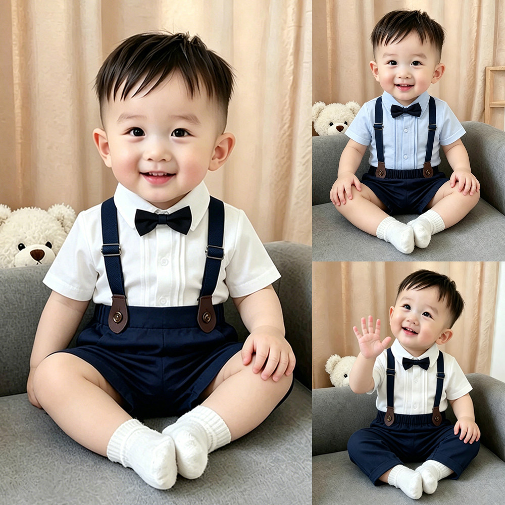 夏季新款男童短袖西装套装男宝周岁生日礼服绅士背带裤儿童演出服