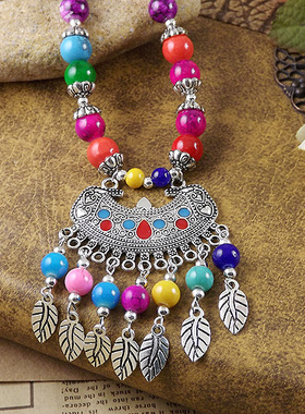 小左饰品 民族风复古雕花滴油流苏长款项链毛衣链 绿松石树叶发饰