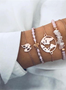 串珠不规则爱心世界地图手链新品