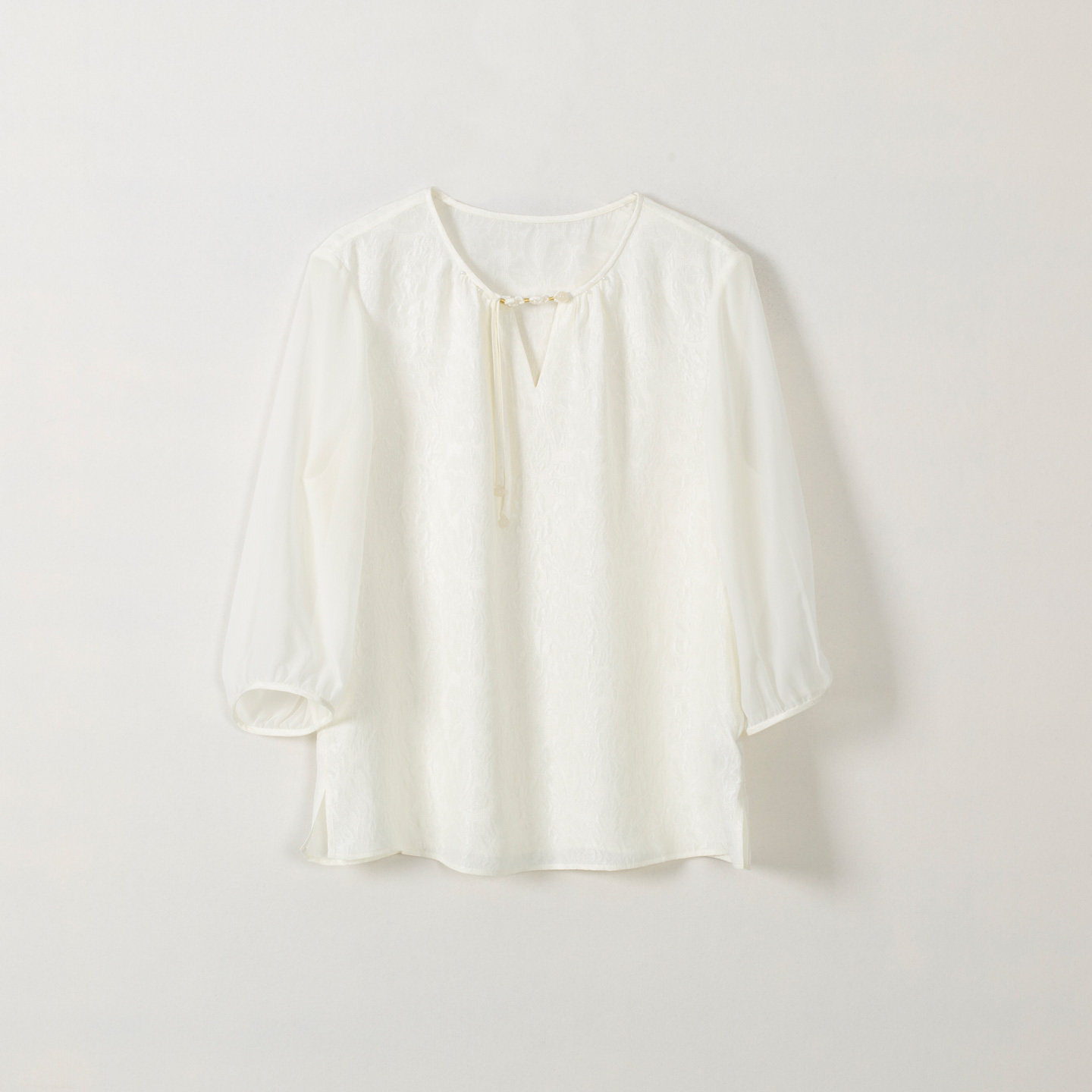 玛洛薇 M-12955 圆领宽松真丝七分袖系带衬衫