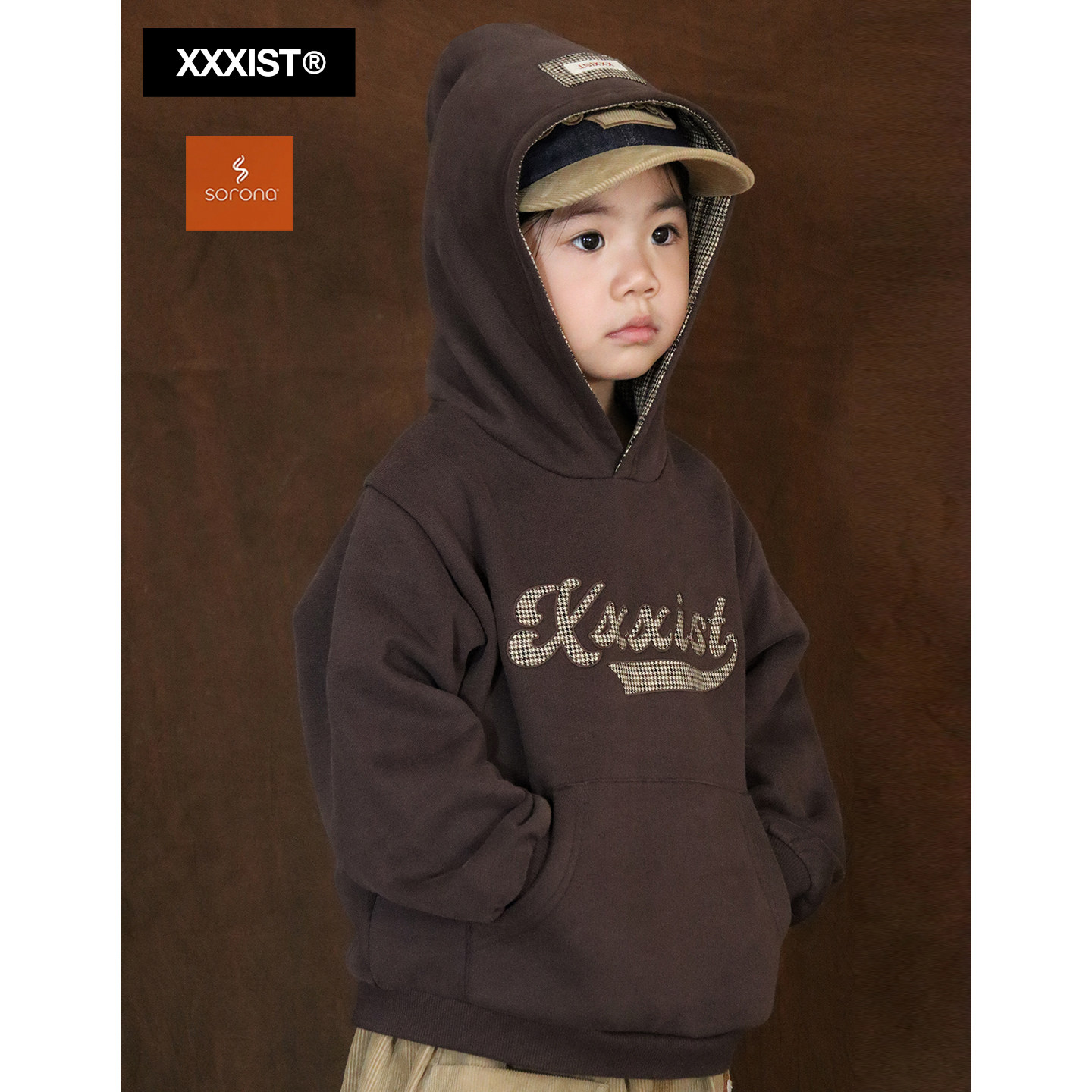 XXXIST&middot;千鸟格贴布绣索罗娜恒温暖绒男女童中性亲子连帽套头卫衣