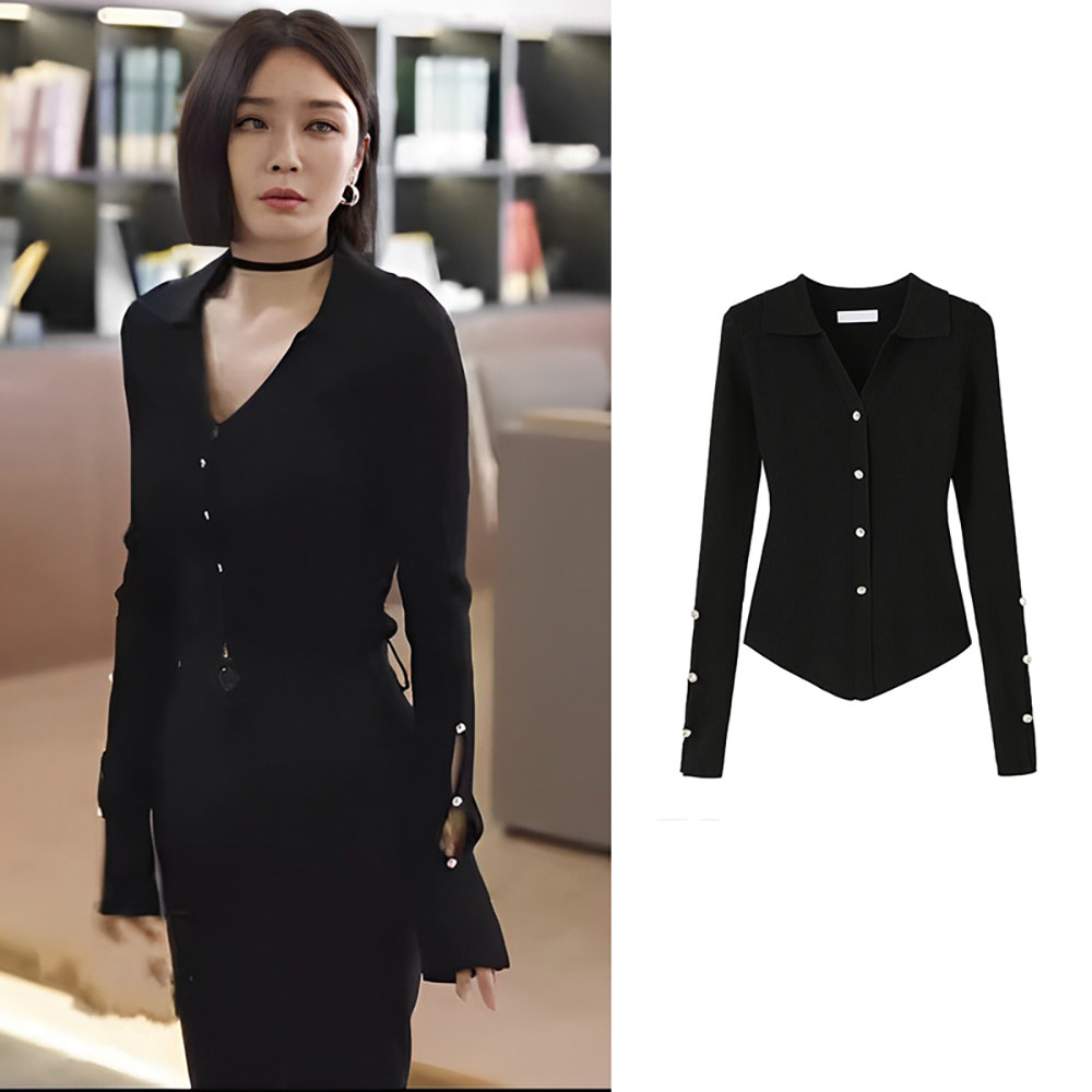 闪耀的她秦岚管文同款黑色长袖针织衫女法式气质修身V领打底上衣