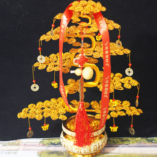 铝线编织手工艺品桌面摆件客厅发财树招财室内玄关电视柜摆设金色