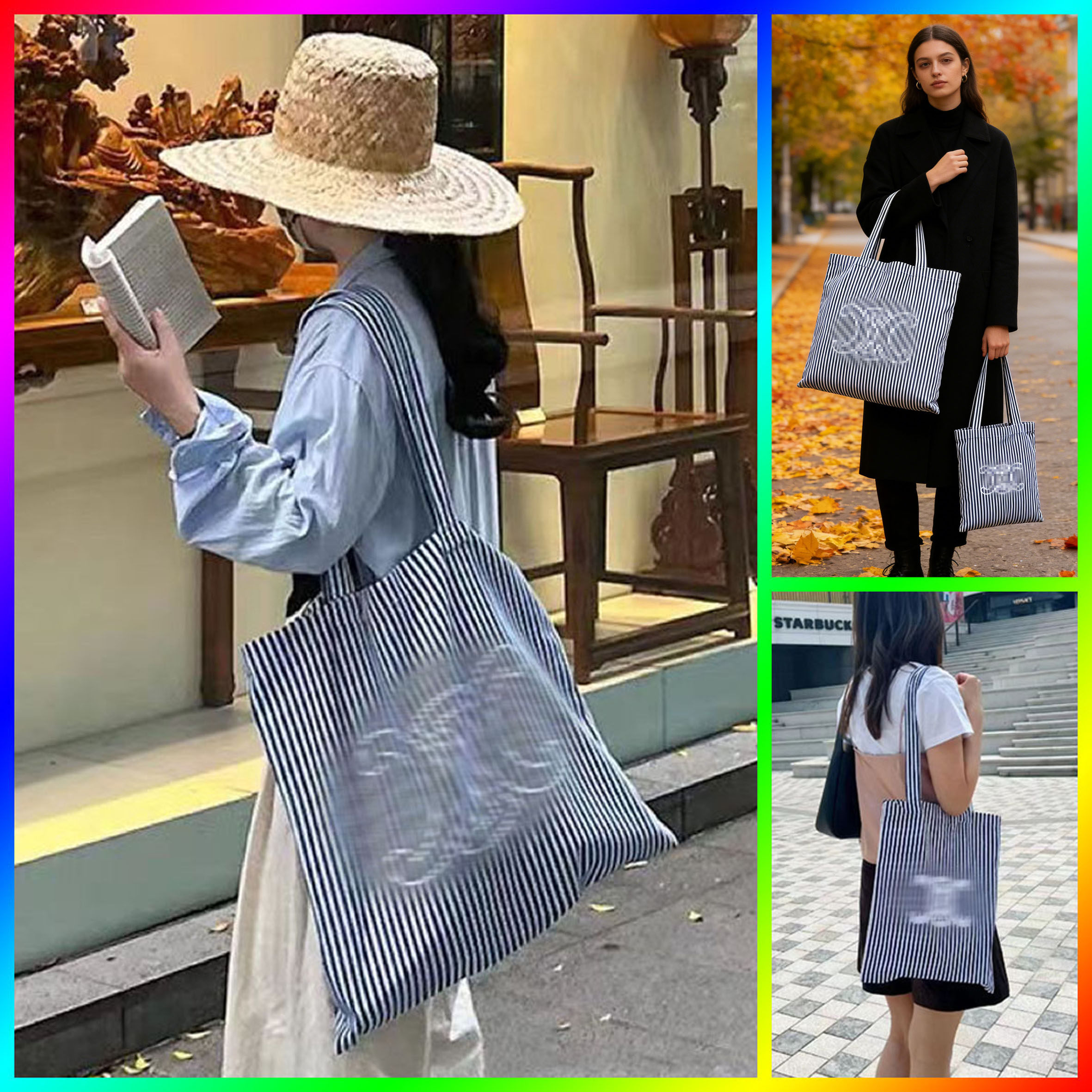 凯旋门快闪纯棉帆布袋包ins时尚百搭条纹购物补习赠品袋旅行收纳