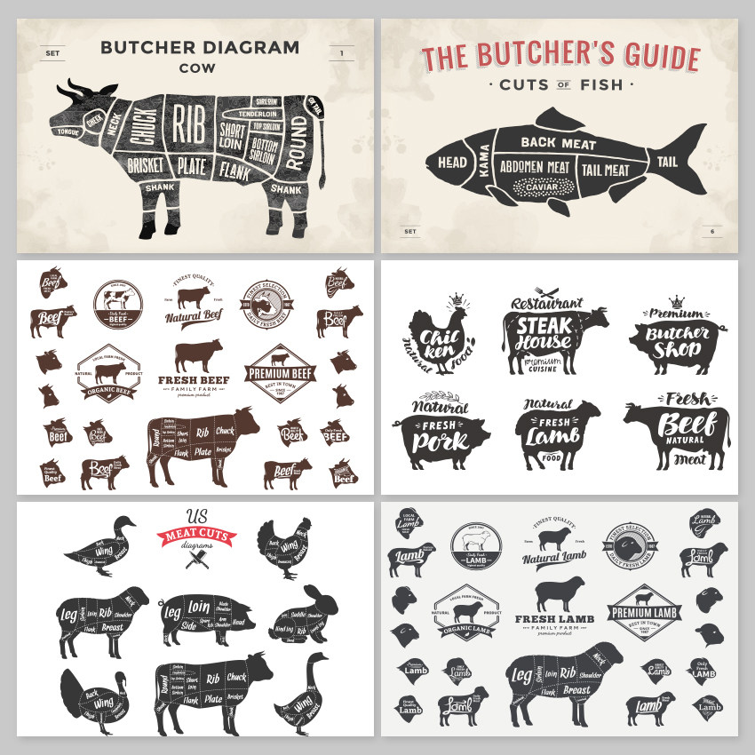 牛鱼羊猪狗鸡肉类分析餐厅logo美食矢量eps素材