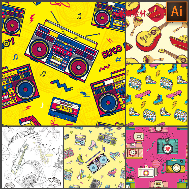 复古音乐摇滚乐器录音机时尚潮流服饰地毯印花图案ai矢量设计素材