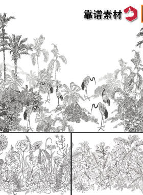 黑白线条线稿线描素描手绘春夏植物树木花菜AI矢量设计素材