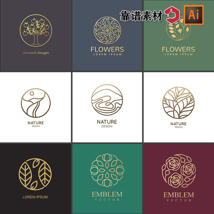 简约欧式金色线条植物大树花纹抽象几何logo设计ai矢量设计素材