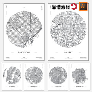 美国各州城市街道规划地图圆形海报装饰画AI矢量设计素材