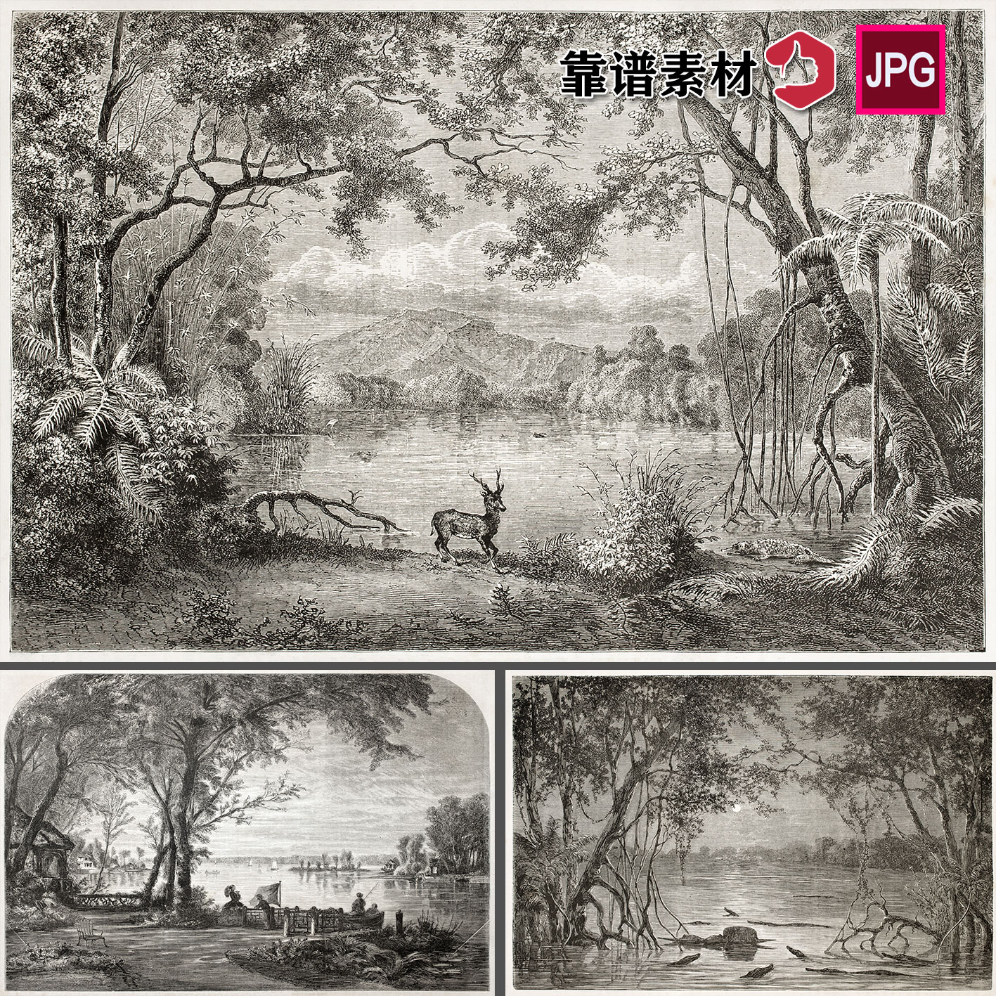 欧式古典复古乡村树林大树风景画手绘素描装饰画JPG图片设计素材图片