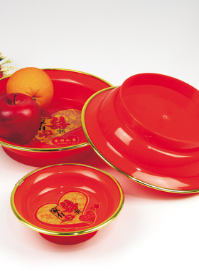 唯真百货 金边高脚果盘塑料红色喜庆糖果盘结婚供奉盘喜事盘