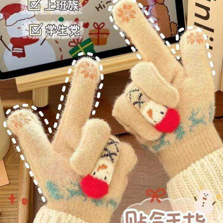 冬季保暖手套毛绒卡通可爱圣诞节雪人五指分指手套可触屏学生女生