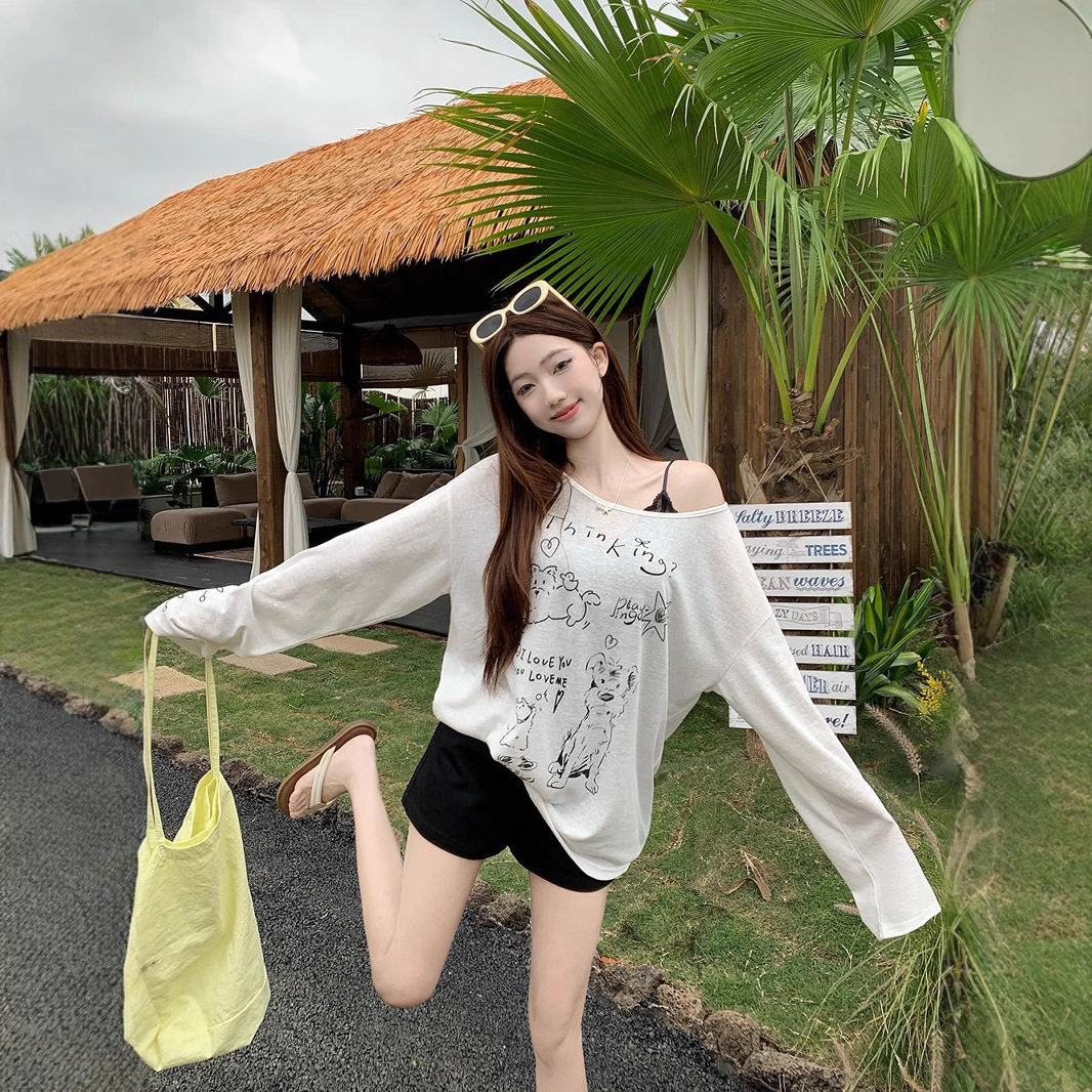 夏季新款韩版长袖薄款露肩T恤女宽松显瘦纯欲风辣妹防晒罩衫上衣