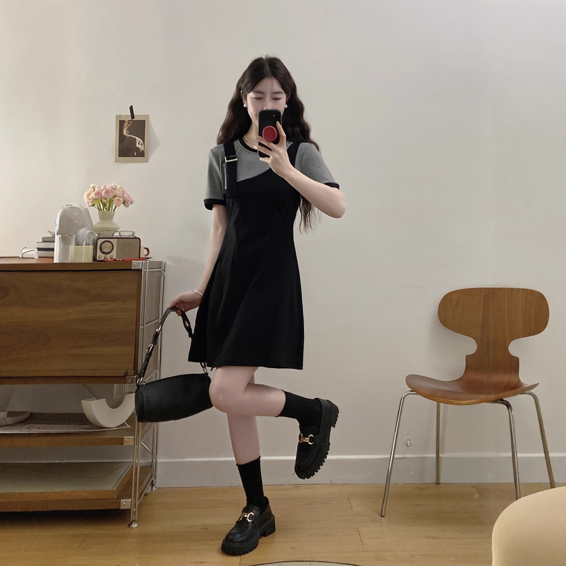 时尚设计感撞色假两件短袖裙子女夏季大码韩版减龄气质显瘦