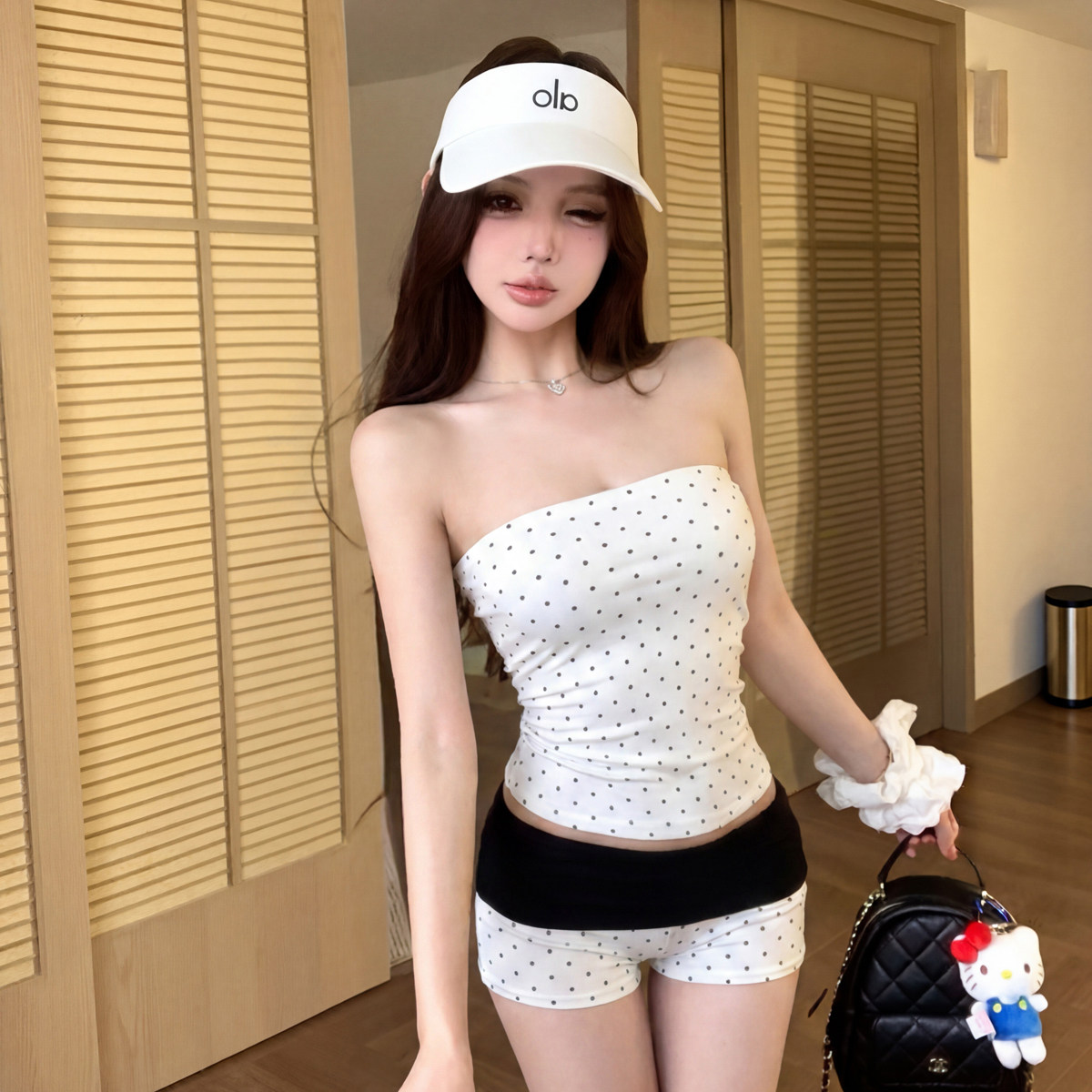 瑜伽运动高尔夫裤黑白波点抹胸上衣背心翻边低腰短裤休闲两件套装