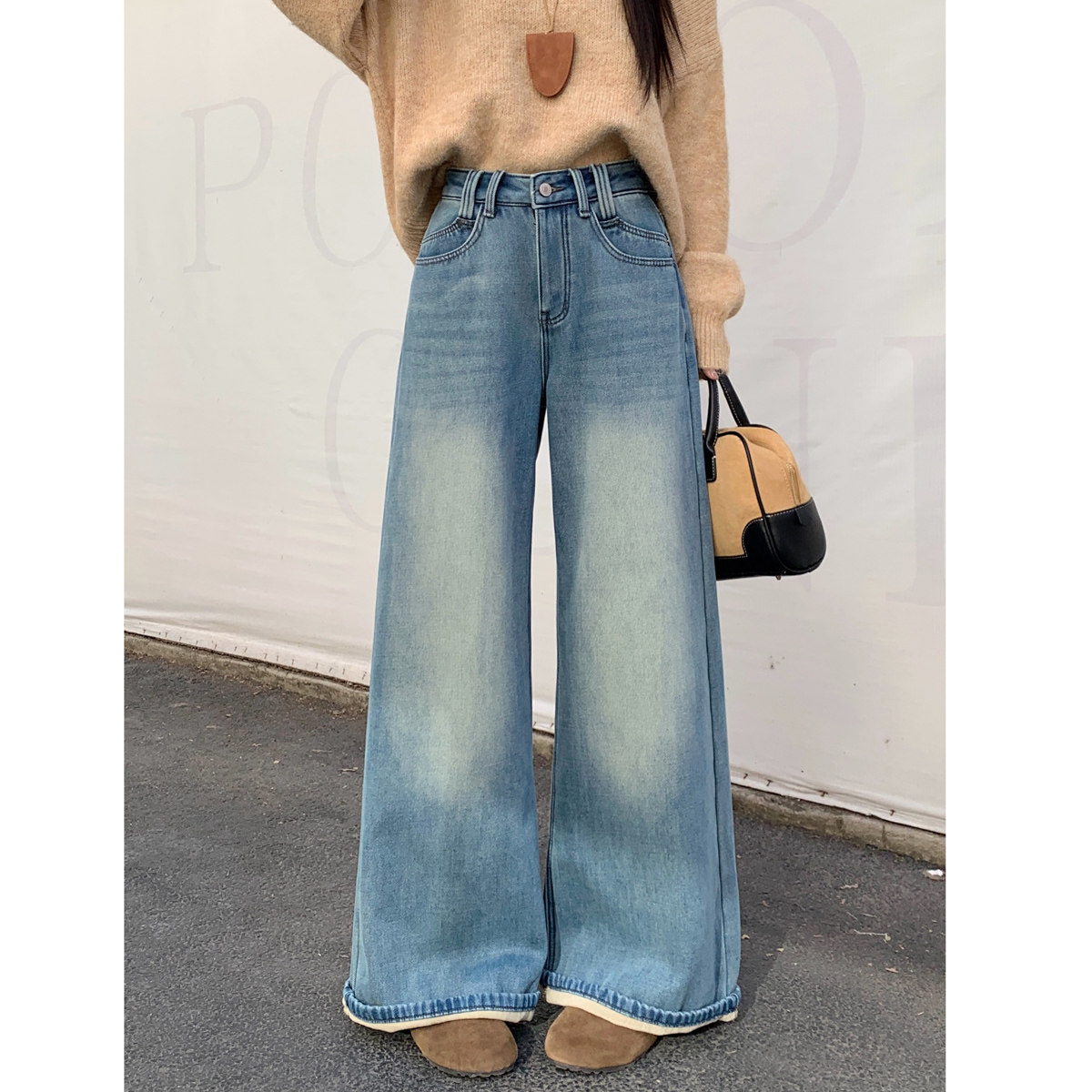 梨型身材阔腿牛仔裤女秋冬加绒胖mm不规则设计感高腰显瘦直筒长裤,女装/女士精品,牛仔裤,淘宝优惠券,粉丝福利购,淘宝优惠卷