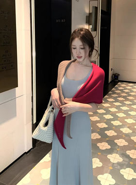 懒人强推_U领背心吊带连衣裙女夏长款度假大裙摆长裙子送披肩套装