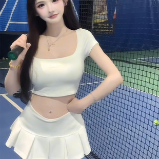 辣妹低腰显瘦百褶裙圆领短款露脐T恤女羽毛球网球高尔夫两件套装