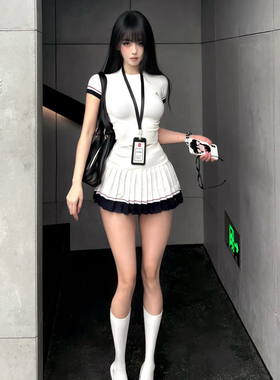 网球运动套装美式百褶裙学院风休闲羽毛球服高尔夫jk制服短裙套装