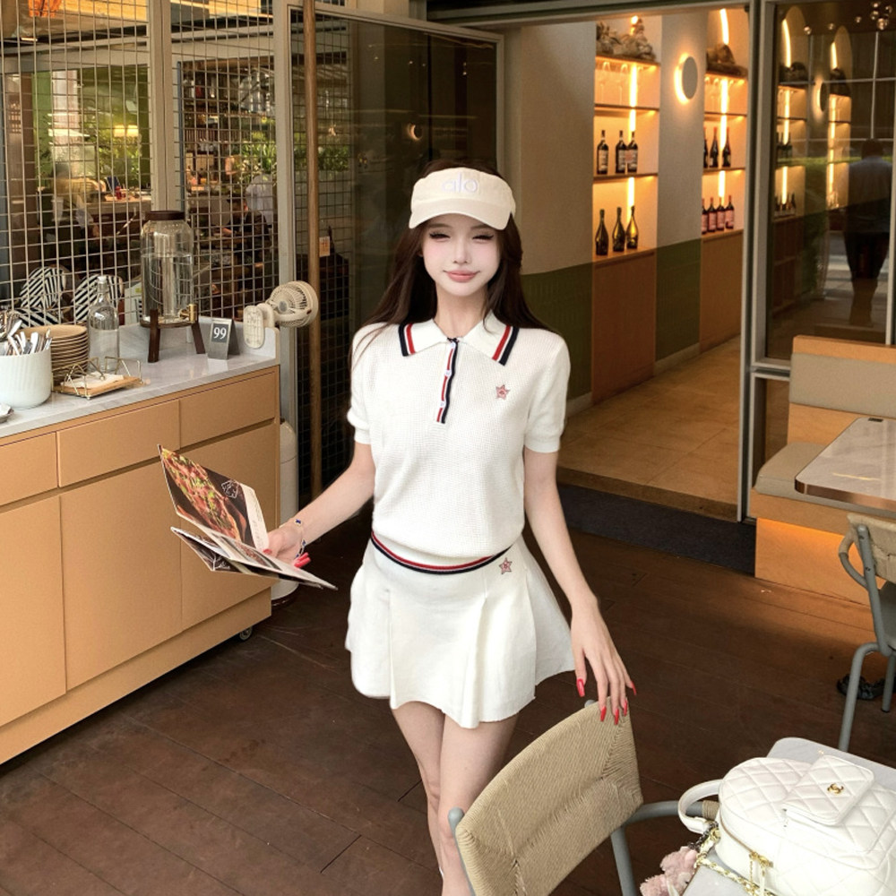 羽毛球高尔夫氧气少女组网球系列华夫格针织polo运动短裙两件套装