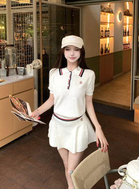 羽毛球高尔夫氧气少女组网球系列华夫格针织polo运动短裙两件套装