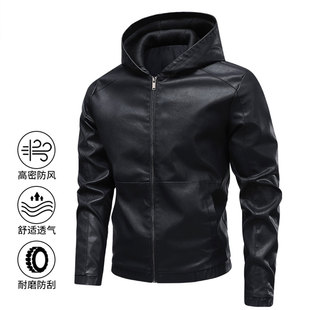 帅气连帽机车服皮夹克防风雪外套潮 宽松韩版 斌启皮衣秋冬新款 大码
