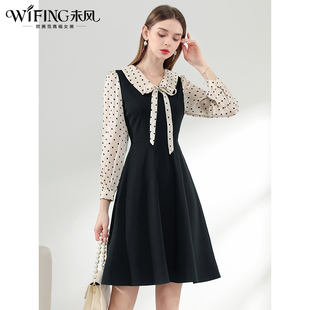 未风黑色波点蝴蝶结连衣裙女秋2025秋季 高腰显瘦通勤裙子 新款 女装