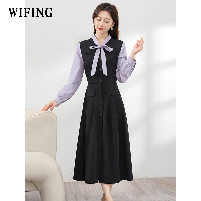 未风黑色衬衫假两件连衣裙女