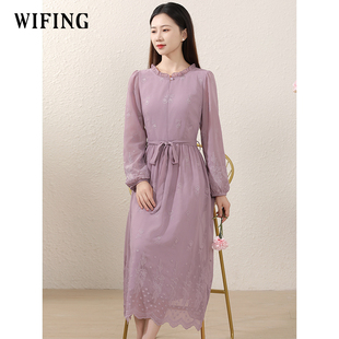 减龄裙子 气质收腰长袖 未风紫色雪纺绣花连衣裙女春2026年春季 新款