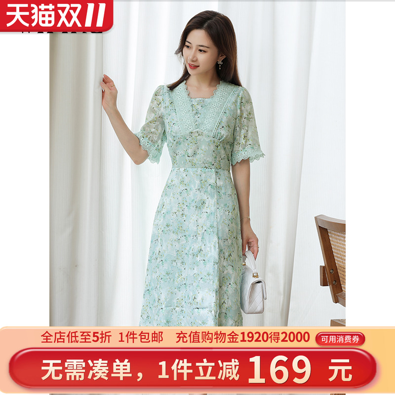 未风绿色雪纺碎花连衣裙女夏2025年夏装新款法式度假开叉显瘦裙子