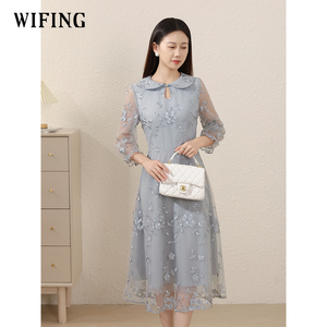 未风灰色娃娃领网纱连衣裙女春2026春季新款女装气质高腰显瘦裙子