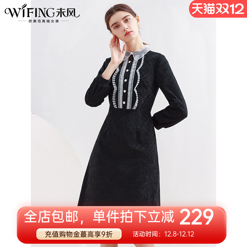 黑色灯芯绒连衣裙收腰显瘦