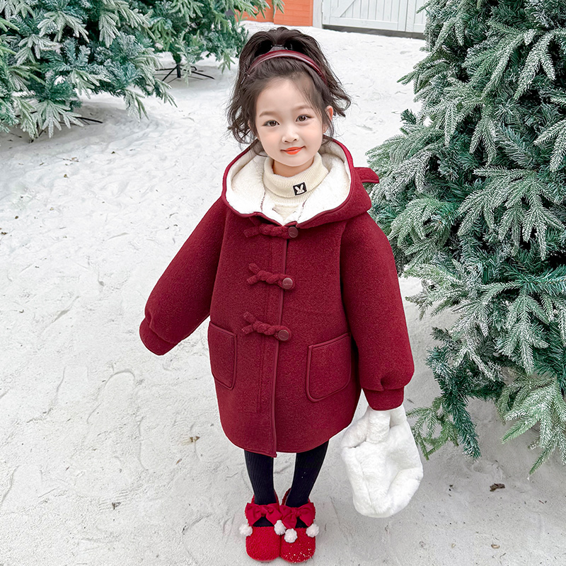 女童冬装加绒红色毛呢外套2025新款儿童秋冬季呢子大衣宝宝中长款