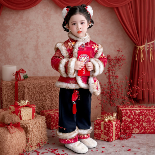 女童汉服过年红色加厚套装