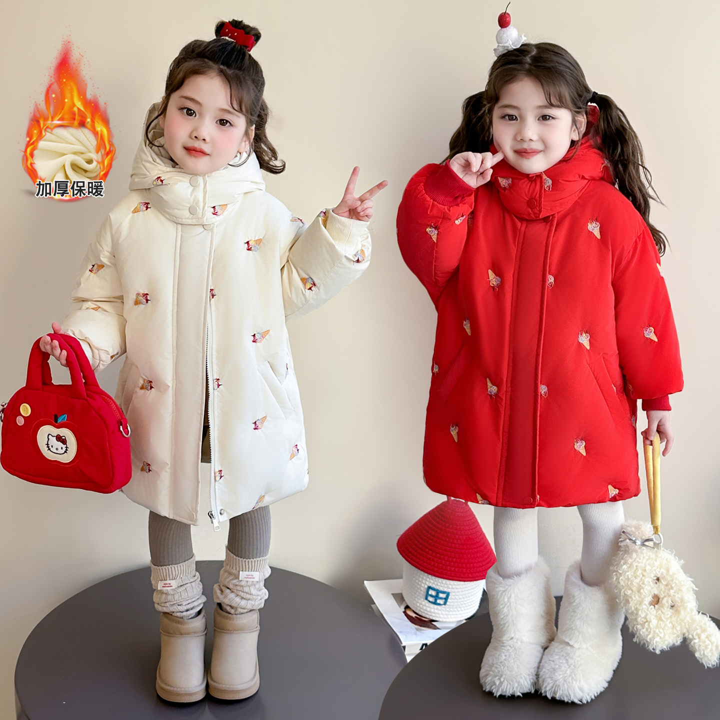 女童长款棉衣冬季宝宝中国红棉服